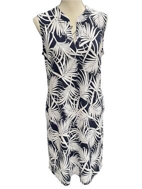 LAURA Navy/White Tropical Print Sleeveless Pocket A-Line Dress (S)